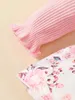 Meisjesjurken 2 stks babymeisje prinses Romper jurk lange mouwen lange mouwen mooie geribbelde bloemen jumpsuit met hoofdband voor pasgeboren babymeisje 0-18 maanden d240425