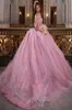 2022 A Line Wedding Dresses Pink Off The Shoulder Ball Gown Floral Appliques Lace Laceup Back Corset For Sweet 15 Girls Bridal Go4424929