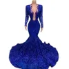 African Mermaid Sheer Blue Prom Dresses Glitter Royal Plunging Neck Pattern Sequined Lace Applique Long Sleeves Black Girls Formal Party Evening Gowns