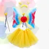 Stage Wear 4pcs Girls for Butterfly Costume Set Princess Gonna Rainbow Wing Headband Fairy Wand Halloween Cosplay Dress Up