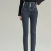 Calça feminina 2024 Velvet Jeans de inverno Mulheres flecam de cintura alta Mantenha Lápis de jeans quentes fêmeas grossas e elásticas de perneiras vintage