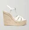 صيف الأوتاد الصيفية أعقاب تحية من الجلود المنسوجة من Espadrille Wedge Sandals براءات اختراع وصندل جلدي غير لامع مصمم فاخر مع صندوق