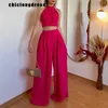 Women's Two Piece Pants Summer Sexy Beach Style Two Piece Set Women Fashion Solid Halter Neck Top Wide Leg Pants Two Piece Set Women Y240426