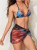 Moda de banho feminina Sexy Butterfly Butterfly Print Bikini Conjunto 2024 Mulheres Halter Push Up Mesh Salia 3 peças Terno de banho de traje de banho Férias