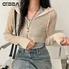 Kvinnors T -skjortor Cibbar Chic Hollow Out Holes Shirt Cardigan Loose Full Sleeve Zip Up Crop Top Women Streetwear Y2K Aesthetic Outfits