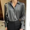 Lucyever Korean Fake Silk Satynowe koszule Damie Wysokiej jakości stężenie kołnierza biuro Praca Satynowa Bluzka Sprężyna długi rękaw Blusa 240426