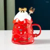 Tazas de cerámica Taza de café con tapa de gran capacidad 500 ml Forma de árbol de Navidad Copa de leche creativa