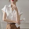 Women's Blouses Office Lady Solid Color Chiffon Shirt Stylish Pockets Patchwork 2024 Summer Korean Basic Polo-Neck Casual Single-breasted