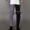 Heren jeans y2k heren zwart rood patchwork denim broek herfstvoet zip omhoog gescheurde hiphop vintage magere man pantalones hombre