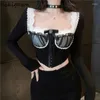 Women's T Shirts Sexy Crop Tops Vintage Tshirts Women Patchwork Lace Square Collar Long Sleeve Tunic Tees 2024 Ropa Mujer Irregular Y2k
