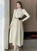 Casual Dresses Autumn Winter Women Sexy Hollow Out Off Shoulder Sticked Dress French Fashion Advanced Sense Belt Collocation tröja