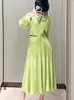 Abiti casual di alta qualità Lady Silk maniche lunghe Neck Green Slim Dress Women Work Office Party Maxi