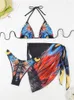 Moda de banho feminina Sexy Butterfly Butterfly Print Bikini Conjunto 2024 Mulheres Halter Push Up Mesh Salia 3 peças Terno de banho de traje de banho Férias