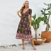 Party Dresses Women's Summer Wrap Maxi Dress Casual Boho Floral V Neck Short Sleeve Ruffle Clothes Low Hem Smocked For Beach