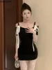 Casual Dresses Onalippa Pet Bows Elastic Mini Dress Contrast Sexig Slash Neck Hip Korean Chic High Street Black Women Clothing