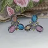 Stud Earrings Delicate Three Tone Moonstone Mixed Colorful Jewelry Black Metal Pink Blue Flower Wedding Gift