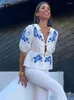 Bluzki damskie Trafza Trendy świąteczne kwiatową bluzkę dla kobiet 2024 Spring łagodna muszka o szyja krótkie rękawy mody eleganckie koszule