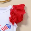 Zestawy odzieży 4 lipca Dziewczęta Baby Dziewczyny Drukuj koronkowy rękaw Rompers Bowknot Ruffles Stars Shorts Pałąk na głowę Zestaw ubrania 3PCS