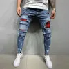 Jeans para hombres lágrimas de jeans para hombre estiramiento de jeans de hip-hop de color azul gris apretado