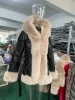 Fur EE1492 PU Leather Short Jackets Women Fashion Tie Belt Taille Coats Women Elegante Faux Fur Hooded Coazed Coats vrouwelijke bont beklede dames