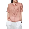 Dames blouses limiguyue dunne vaste katoenen linnen blouse vrouwen turn down kraag kraag korte mouw pocket shirt zomer losse causale pullover tops