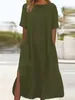 Spring Cotton Linen Womens Long Dress O-neck Pocket Casual Dresses Female Trendy Fashion Oversize Loose Clothes Ladies 240425