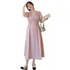 Maternity Dresses Summer Plus Size V-Neck Pregnant Womens High Waist Dress Fashion Puff Sleeves Ankle Length Chiffon Holiday Q240427