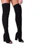 Boots Selling Black Stretch Fabric Over The Knee Sexy Open Toe Chunky Heels Thigh High Woman Long Beige