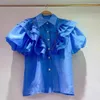 Blusas para mujeres Diamantes de verano coreanos Ruffles Puff Camisa blanca Camisa de cuello tops suelto de un solo pecho