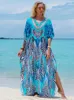 ボヘミアンシーサイドプラスサイズプリントkaftan maxiドレスvネックスリットルーズローブ女性2024サマービーチウェア水着カバーアップq1415