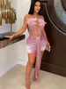 LW SXY Velvet Feather Decor Robe Prom Or Nou Sleevess Pink Party Clubs Sexy Hipster Jirts Patchwork Vestidos 240426