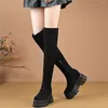 Boots Black Pumps Shoes Women Genuine Leather Wedges High Heel Over The Knee Female Round Toe Fashion Sneakers Casual