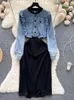 Casual Dresses Vintage Denim Dress Patchwork Design A-Line Jean Woman Elegant Lapel Long Sleeves Female Holiday Vestidos Rober