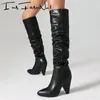 Laarzen knie hoog geplooide sexy puntige teen dames solide kleur beknopt slip op spike hakken mode western street style dames schoenen