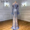 Party Dresses Blue Long Sleeve Feathers Pärlade sjöjungfru kväll Dubai Eleganta klänningar 2024 Serene Hill Dla60932