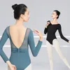 Bühnenbekleidung Rückenfreier Ballett Trikot für Frauen Langarm Mesh Spleiß Tanz Kostüm Erwachsene Elegante Gymnastik Bodysuit Übungskleidung