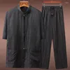 Men's Casual Shirts Blue Jiao Xiangyun Yarn Tang Suit Summer Short-Sleeved Silk Crepe Chinese Zen Middle-Aged