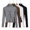 Dames t -shirts vrouwen hoge nek ruches voorste voorkant met lange mouwen slanke bovenste top met naaddetail en sla edge s521