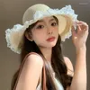 Berets Korean Pearl Lace Trimmed Straw Sun Hat Summer Seaside Beach Vacation Protection Big Brim Sweet Versatile Women's Caps