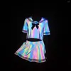 ワークドレス日本スタイルのカラフルな反射Tシャツプリーツスカート2ピースセット女性服のナイトクラブパーティーセクシーなコスプレセーラーユニフォーム