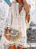 Casual Dresses Tassel Sexy Boho Long Dress Women Lace Fall Solid Hollow Out V-Neck Bohemian Style Vestidos