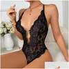 Womens Sleepwear One Piece Close Fitting Clothes Transparent Lace Y V-Neck Backless Crotch Open Lingerie Mini Short Drop Delivery Appa Otocz