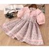 Sommarhinnor Little Girls Ruffle Lapel Collar Dress Floral Print Princess Kjol Kort ärm Retro Puff Sleeve Dress