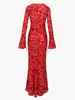 Casual jurken vallen maxi jurk met lange mouwen voor vrouwen 2023 mode bodycon slanke chiffon rood print feest elegant vestidos s63d2