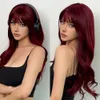 Synthetic Wigs Henry Margu wine red long wave synthetic wig high-temperature natural with bangs colorful party role-playing hair suitable for black women Q240427
