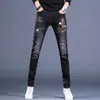 Men's Jeans High quality mens black jeans classic eagle patterned decorative street ultra-thin fitting Korean casual cool jeans; Q240427