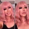 Synthetic Wigs 14 Soft wave pink wig with bangs high-quality synthetic suitable for women blonde hair/black/red Bob daily party role-playing use by Q240427