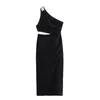 Casual Dresses Women Fashion Solid Pleated Hollow Out Side Zipper Midi Dress Vintage One Shoulder Asymmetrical Neck Female