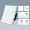 Plugs BSEed 1/2/3Gang Light Touch Switch 1Way Sensor Switch Glass Panel USB Type Wall Socket EU Standard Blue Backlight 10A White