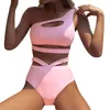 Swimwear femminile da bagno Donne a una spalla Bikini in pieta a vita alta costume da bagno top sport a due costumi da nuoto spingetti in giro con pantaloncini con pantaloncini